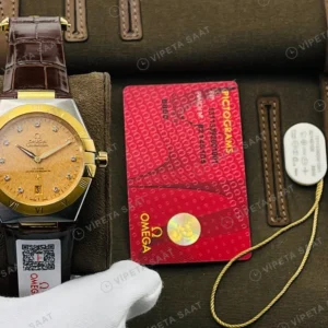 Omega Constellation Sampanya Baget Kadran Altin Celik Kasa Kahverengi Deri Super Clone Eta Eta Saat karşıdan görünüm