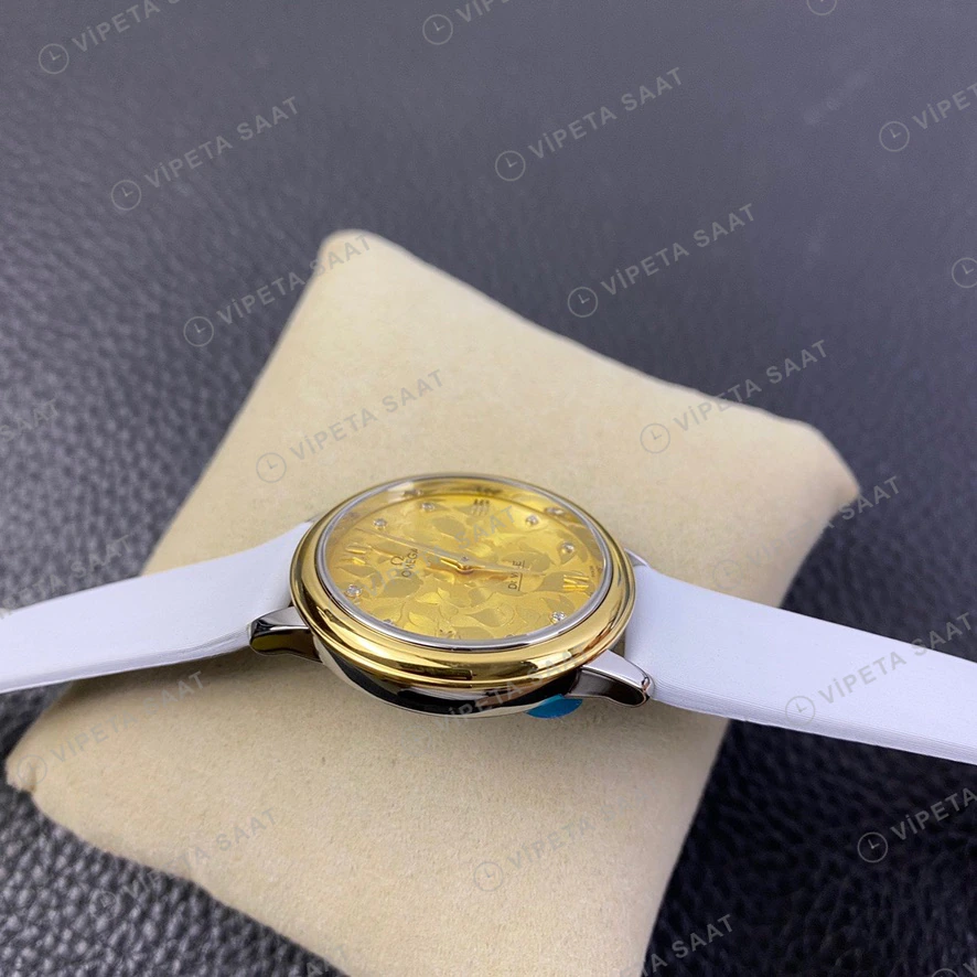 Omega De Ville Sampanya Kadran Altin Kasa Beyaz Deri Kordon Super Clone Eta Eta Saat detay 3