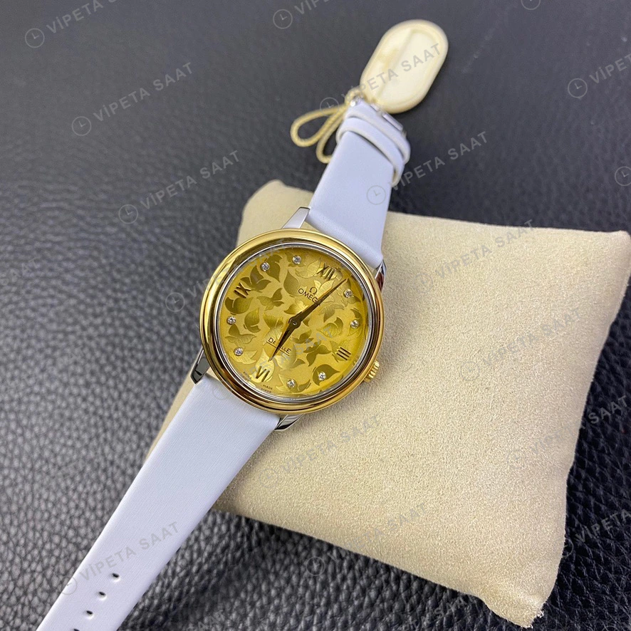 Omega De Ville Sampanya Kadran Altin Kasa Beyaz Deri Kordon Super Clone Eta Eta Saat detay 6