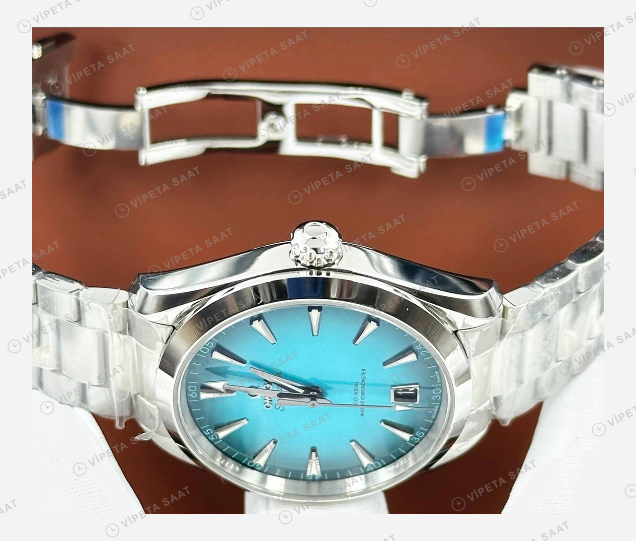 Omega Seamaster Aqua Terra Turkuaz Kadran Çelik Deniz Super Clone ETA Eta Saat karşıdan görünüm