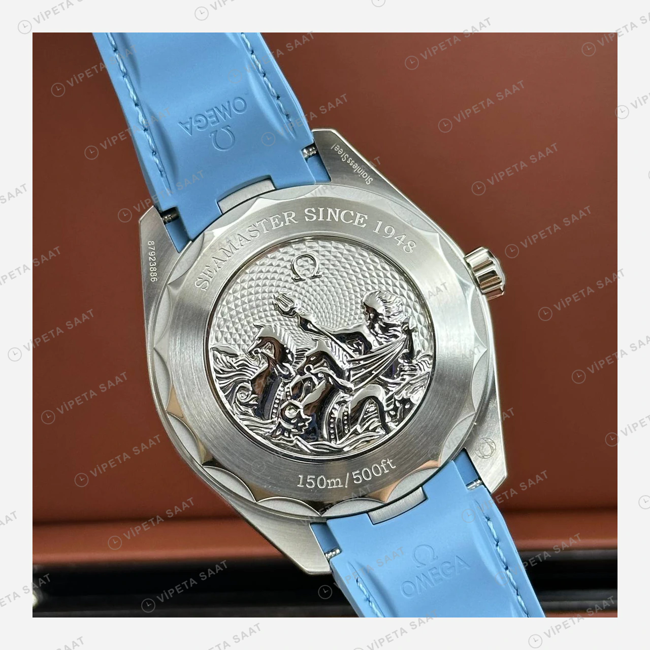 Omega Seamaster Aqua Terra Worldtimer Mavi Kadran Deri Super Clone ETA Eta Saat detay 5