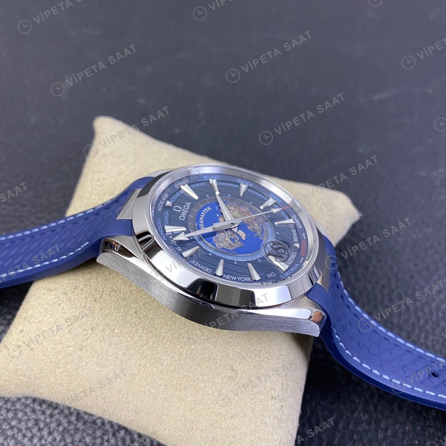 Omega Seamaster Aqua Terra Worldtimer Mavi Kadran Kaucuk Kordon Super Clone Eta Eta Saat detay 4
