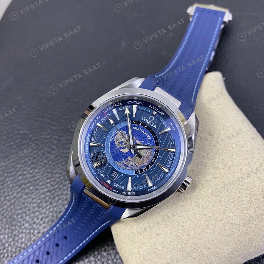 Omega Seamaster Aqua Terra Worldtimer Mavi Kadran Kaucuk Kordon Super Clone Eta Eta Saat detay 5