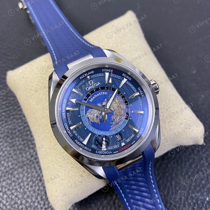 Omega Seamaster Aqua Terra Worldtimer Mavi Kadran Kaucuk Kordon Super Clone Eta Eta Saat detay 6