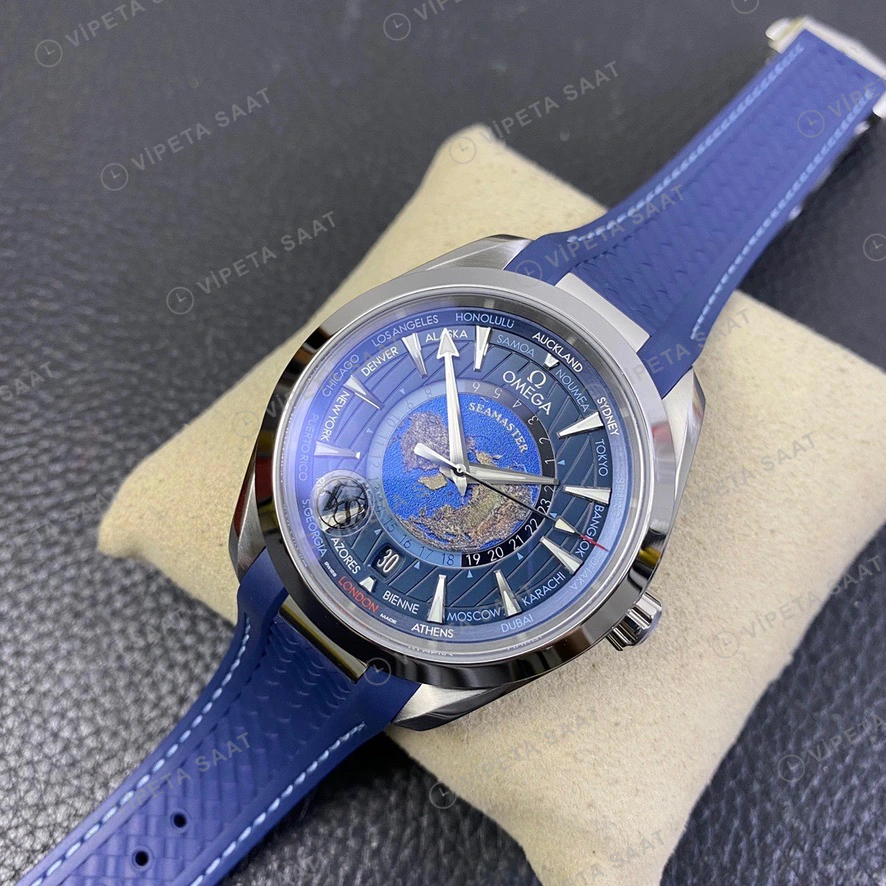 Omega Seamaster Aqua Terra Worldtimer Mavi Kadran Kaucuk Kordon Super Clone Eta Eta Saat detay 8