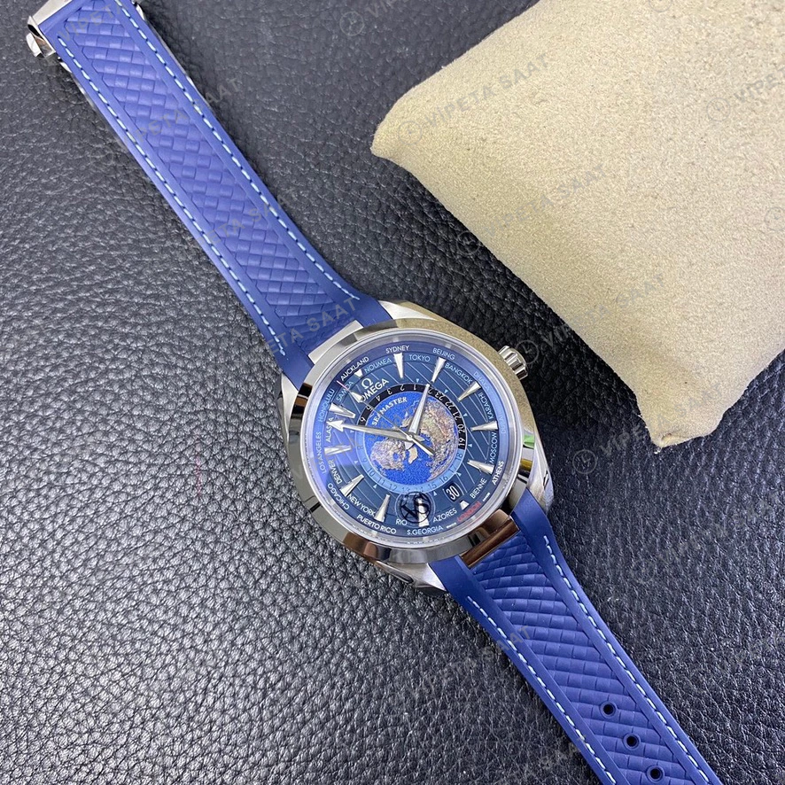 Omega Seamaster Aqua Terra Worldtimer Mavi Kadran Kaucuk Kordon Super Clone Eta Eta Saat detay 9