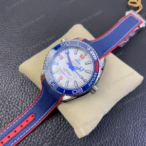 Omega Seamaster Beyaz Kadran Mavi Bezel Kaucuk Kordon Super Clone Eta Eta Saat karşıdan görünüm