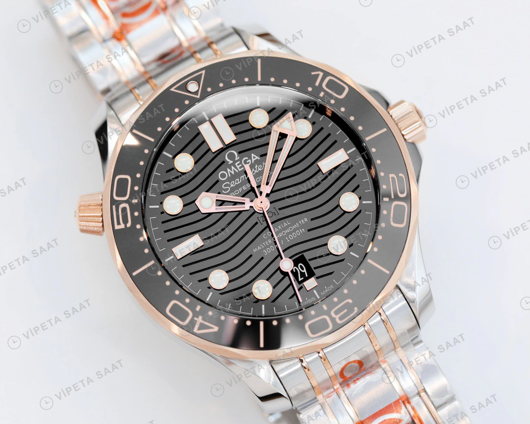 Omega Seamaster Diver 300M Gri Kadran Siyah Bezel Celik Rose Kordon Super Clone Eta Eta Saat detay 4