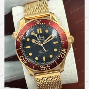 Omega Seamaster Diver 300M Siyah Kadran Kırmızı Bezel Altın Örgü Super Clone ETA Eta Saat detay 3