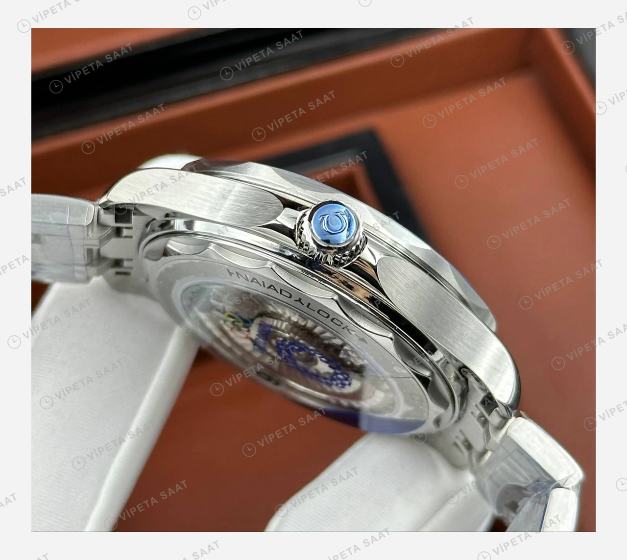 Omega Seamaster Planet Ocean Beyaz Kadran Mavi Bezel Çelik Super Clone ETA Eta Saat detay 5