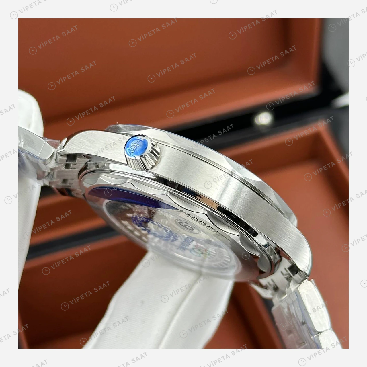 Omega Seamaster Planet Ocean Beyaz Kadran Mavi Bezel Çelik Super Clone ETA Eta Saat detay 6