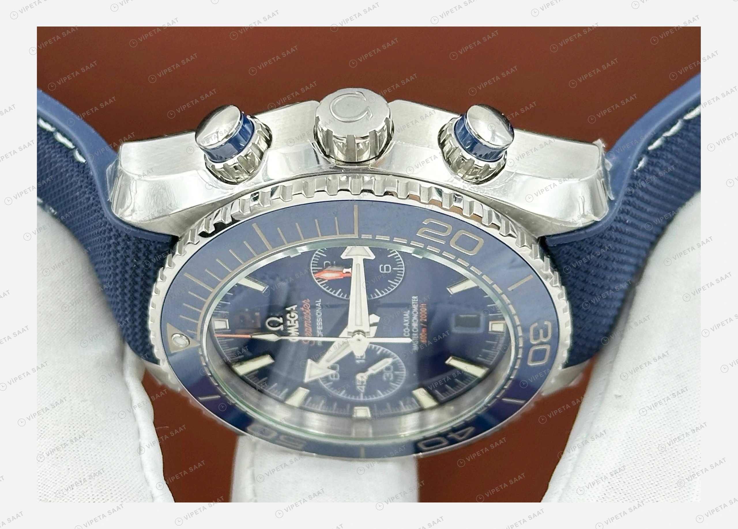 Omega Seamaster Planet Ocean Mavi Kronograf Kauçuk Super Clone ETA Eta Saat detay 3