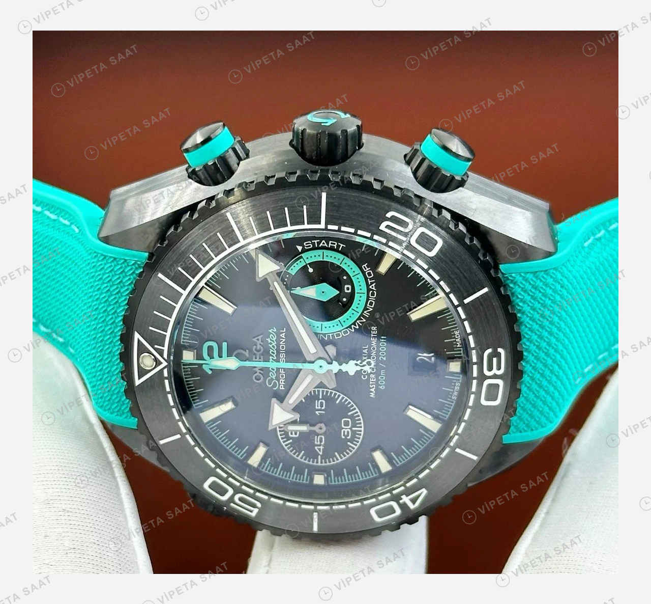 Omega Seamaster Planet Ocean Siyah Turkuaz Kronograf Kauçuk Super Clone ETA Eta Saat detay 4
