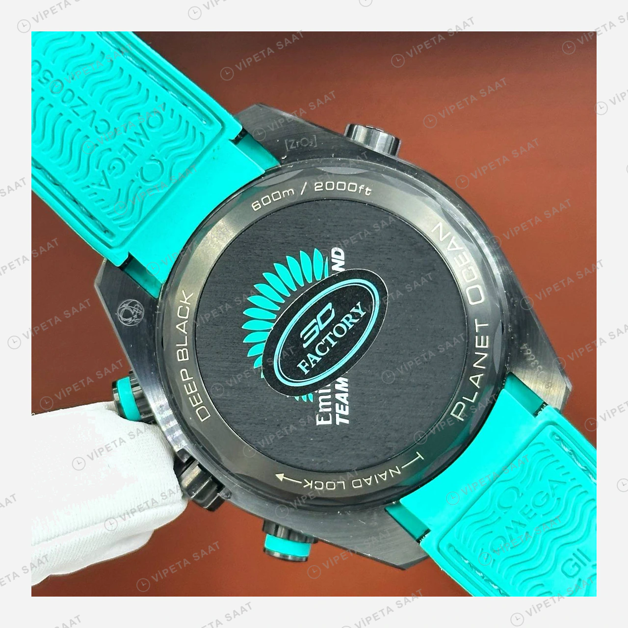 Omega Seamaster Planet Ocean Siyah Turkuaz Kronograf Kauçuk Super Clone ETA Eta Saat detay 5