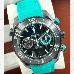 Omega Seamaster Planet Ocean Siyah Turkuaz Kronograf Kauçuk Super Clone ETA Eta Saat detay 6