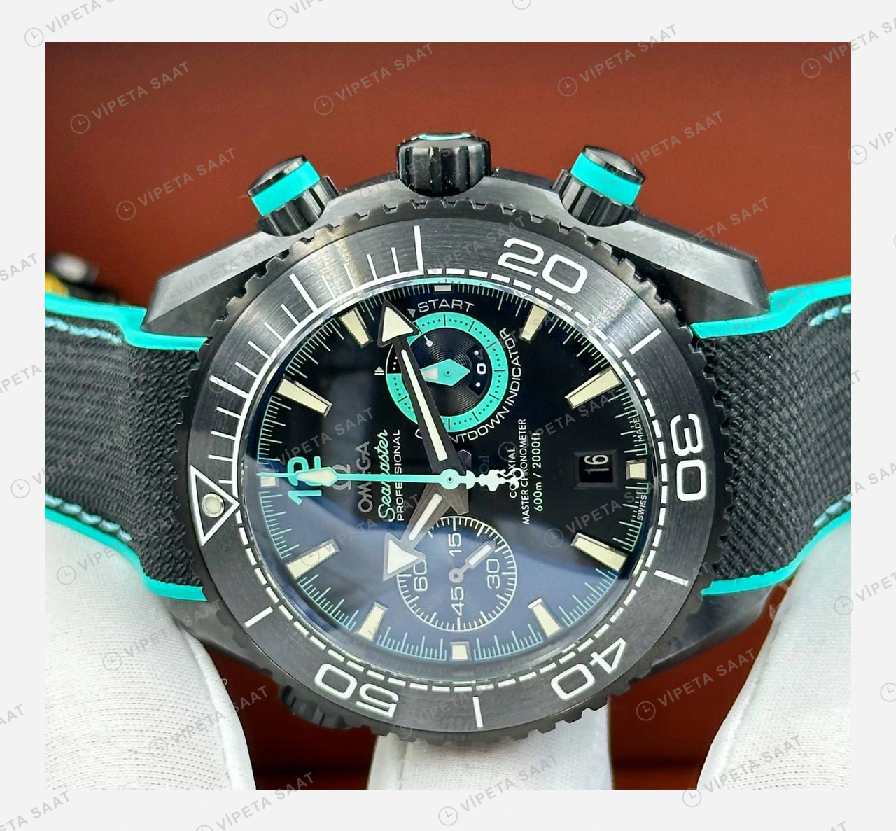 Omega Seamaster Planet Ocean Siyah Turkuaz Kronograf Kordon Super Clone ETA Eta Saat detay 3