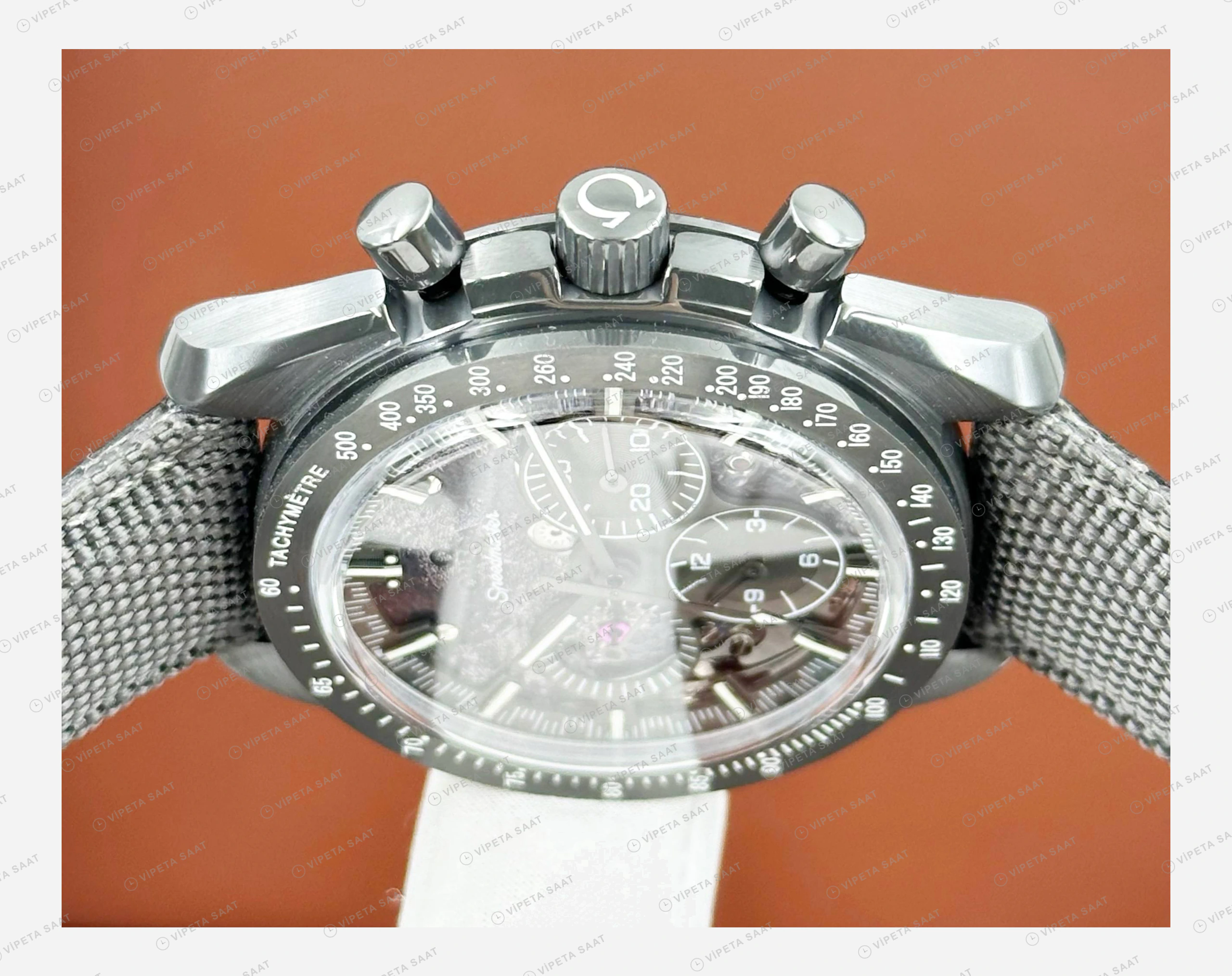 Omega Speedmaster Gri Skeleton Kordon Super Clone ETA Eta Saat yan görünüm