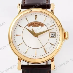 Patek Philippe 39 mm Calatrava Altin Kasa Beyaz Kadran Kahverengi Deri Kordon Super Clone ETA Saat kırp kapak