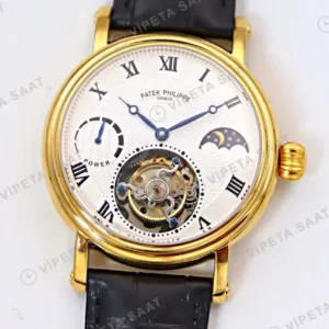 Patek Philippe 40 mm Tourbillon Gumus Kadran Roman Altin Kasa Siyah Deri Kordon Super Clone ETA Saat kırp kapak