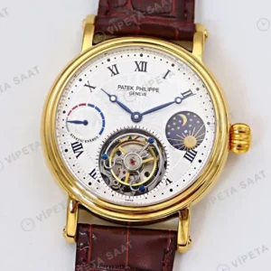 Patek Philippe 40 mm Tourbillon Gumus Kadran Roman Altin Kasa Kahverengi Deri Kordon Super Clone ETA Saat kırp kapak
