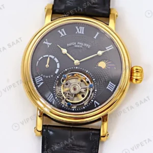 Patek Philippe 40 mm Tourbillon Gri Kadran Roman Altin Kasa Siyah Deri Kordon Super Clone ETA Saat kırp kapak