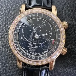 Patek Philippe 40 mm Grand Complications Celestial Siyah Kadran Rose Kasa Baget Bezel Siyah Deri Kordon Super Clone ETA Saat kırp kapak