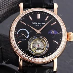 Patek Philippe 40 mm Tourbillon Moonphase Siyah Kadran Rose Kasa Elmas Bezel Siyah Deri Kordon Super Clone ETA Saat kırp kapak