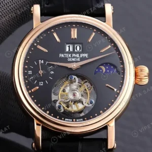 Patek Philippe 40 mm Tourbillon Moonphase Gri Kadran Rose Kasa Siyah Deri Kordon Super Clone ETA Saat kırp kapak