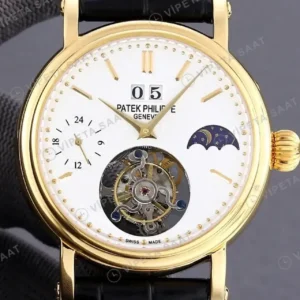 Patek Philippe 40 mm Tourbillon Moonphase Beyaz Kadran Altin Kasa Siyah Deri Kordon Super Clone ETA Saat kırp kapak