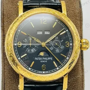Patek Philippe 40 mm Grand Complications Perpetual Calendar Siyah Kadran Gold Deri Kordon Super Clone ETA Saat kırp kapak