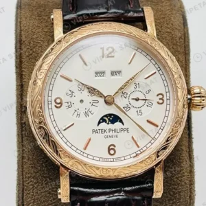 Patek Philippe 40 mm Grand Complications Perpetual Calendar Beyaz Kadran Gold Deri Kordon Super Clone ETA Saat kırp kapak