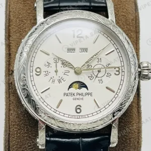 Patek Philippe 40 mm Grand Complications Perpetual Calendar Beyaz Kadran Celik Deri Kordon Super Clone ETA Saat kırp kapak
