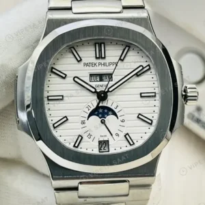 Patek Philippe 40 mm Nautilus Annual Calendar Beyaz Kadran Celik Super Clone ETA Saat kırp kapak
