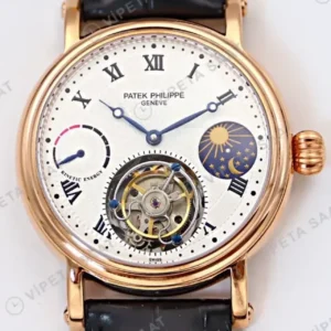 Patek Philippe 40 mm Tourbillon Gumus Kadran Roman Rose Kasa Siyah Deri Kordon Super Clone ETA Saat kırp kapak