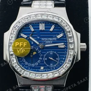 Patek Philippe 40 mm Nautilus Mavi Kadran Baget Bezel Siyah Deri Super Clone ETA Saat kırp kapak