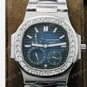 Patek Philippe 40 mm Nautilus Mavi Kadran Baget Bezel Celik Kordon Super Clone ETA Saat kırp kapak