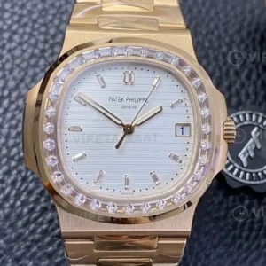 Patek Philippe 40 mm Nautilus Beyaz Kadran Rose Kasa Baget Bezel Celik Kordon Super Clone ETA Saat kırp kapak
