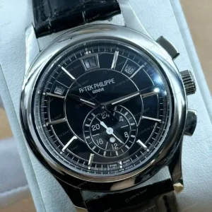 Patek Philippe 40 mm Grand Complications Siyah Kronograf Perpetual Takvim Deri Super Clone ETA Saat kırp kapak
