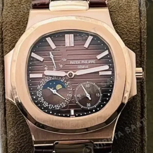 Patek Philippe 40 mm Nautilus Rose Kasa Kahverengi Kadran Kahverengi Deri Super Clone ETA Saat kırp kapak