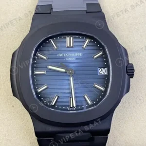 Patek Philippe 40 mm Nautilus Siyah Kasa Mavi Kadran Siyah Celik Kordon Super Clone ETA Saat kırp kapak