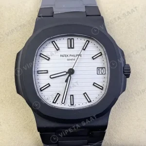 Patek Philippe 40 mm Nautilus Siyah Kasa Beyaz Kadran Siyah Celik Kordon Super Clone ETA Saat kırp kapak