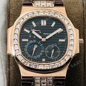 Patek Philippe 40 mm Nautilus Moonphase Siyah Kadran Rose Kasa Baget Bezel Kahverengi Deri Super Clone ETA Saat kırp kapak