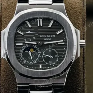 Patek Philippe 40 mm Nautilus Moonphase Siyah Kadran Celik Bezel Siyah Deri Super Clone ETA Saat kırp kapak