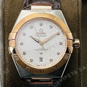 Omega 41 mm 131.20.41 Constellation Beyaz Baget Kadran Rose Celik Kasa Kahverengi Deri Super Clone ETA Saat kırp kapak