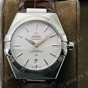 Omega 41 mm 131.20.41 Constellation Beyaz Kadran Celik Kasa Kahverengi Deri Super Clone ETA Saat kırp kapak