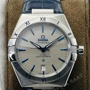 Omega 41 mm 131.20.41 Constellation Gumus Kadran Celik Kasa Mavi Deri Super Clone ETA Saat kırp kapak