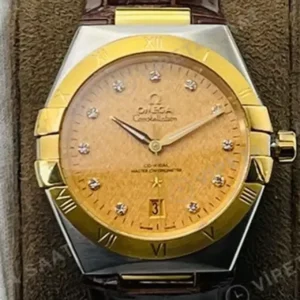 Omega 41 mm 131.20.41 Constellation Sampanya Baget Kadran Altin Celik Kasa Kahverengi Deri Super Clone ETA Saat kırp kapak