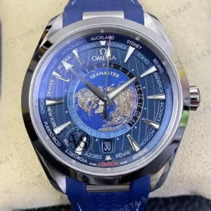 Omega 43 mm 220.10.43 Seamaster Aqua Terra Worldtimer Mavi Kadran Kaucuk Kordon Super Clone ETA Saat kırp kapak