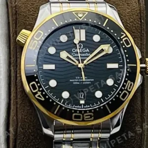 Omega 42 mm 210.30.42 Seamaster Diver 300m Siyah Kadran Altin Celik Kasa Seramik Bezel Celik Kordon Super Clone ETA Saat kırp kapak