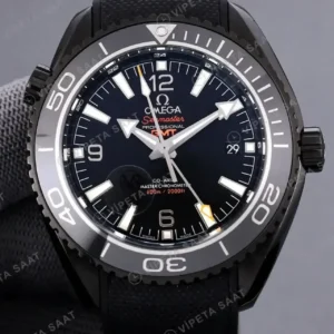 Omega 43.5 mm 215.30.44 Seamaster Planet Ocean Deep Black Gmt Siyah Kadran Seramik Kasa Kaucuk Kordon Super Clone ETA Saat kırp kapak